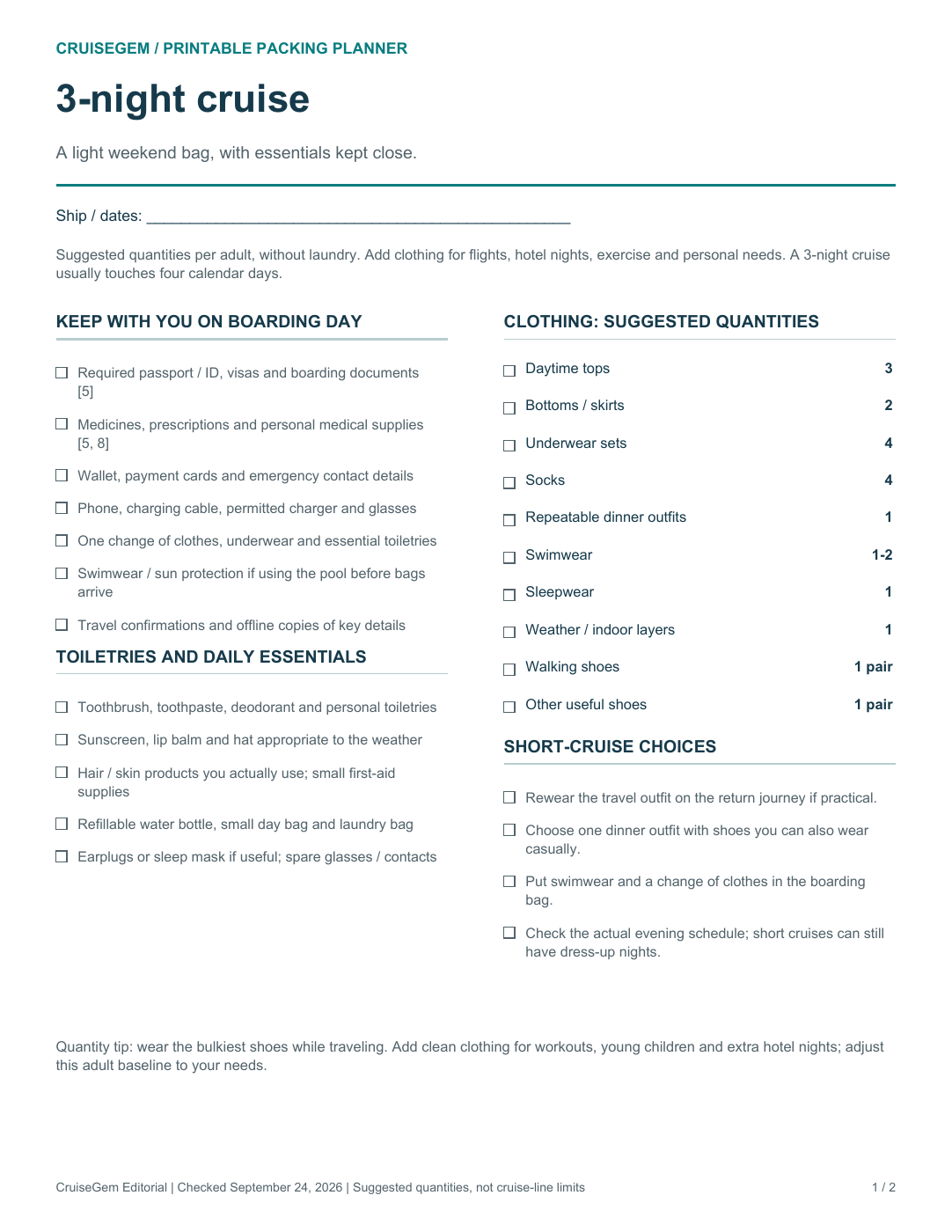 Preview of the printable three-night cruise packing checklist, showing clothing quantities and boarding-bag essentials